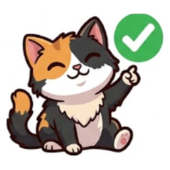 Una gata calicó feliz señalando una marca de verificación verde